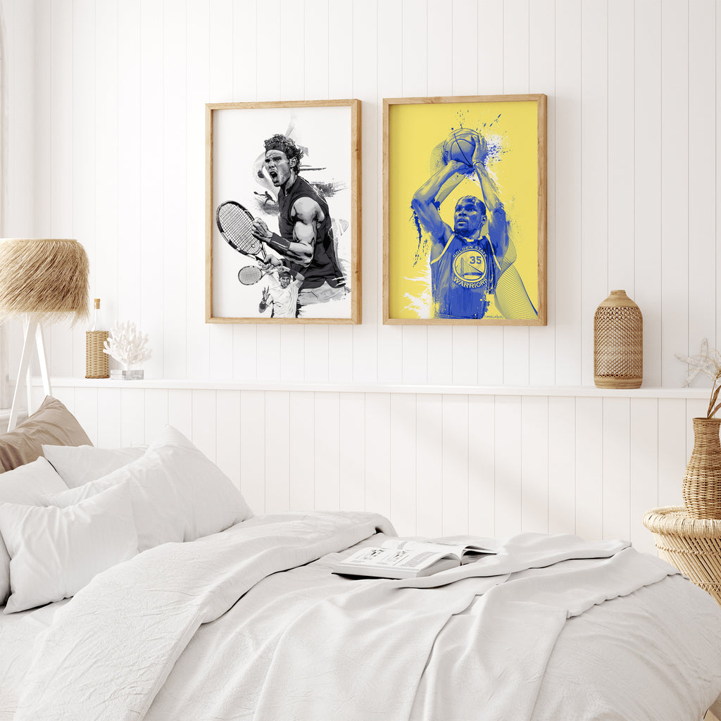 "Rafael Nadal and Kevin Durant illustrated prints in room — sports art prints for home"