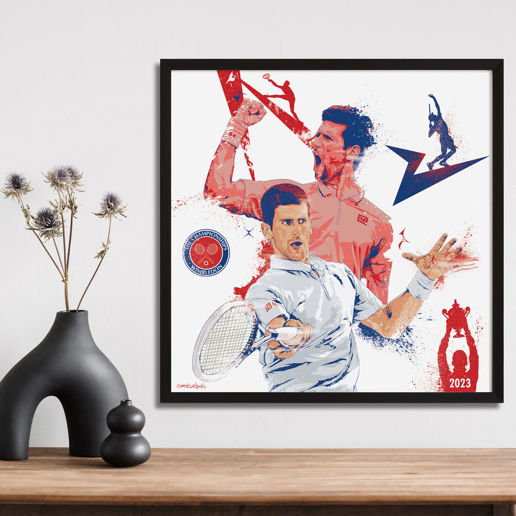 "Djokovic wall poster with black border on shelf — illustrated tennis print"