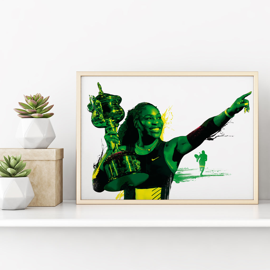 Gold frame shelf → "Serena Williams poster in light gold frame on shelf — inspirational sports wall art"