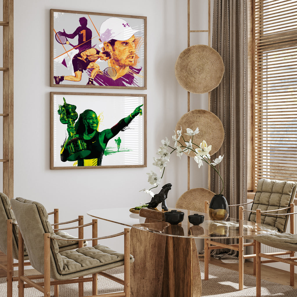 "Serena Williams art print displayed in dining room — tennis wall art for home"
