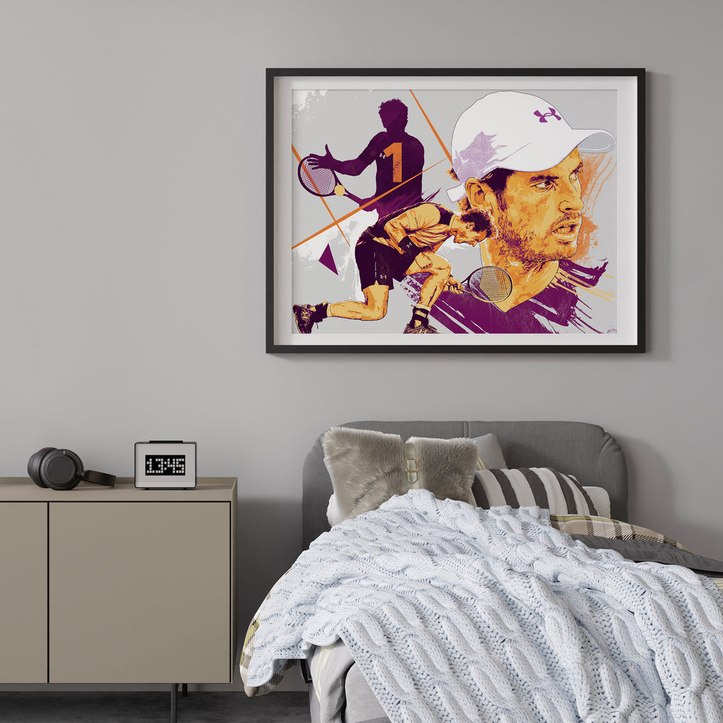 "Andy Murray art print in grey bedroom — British tennis fan art print"