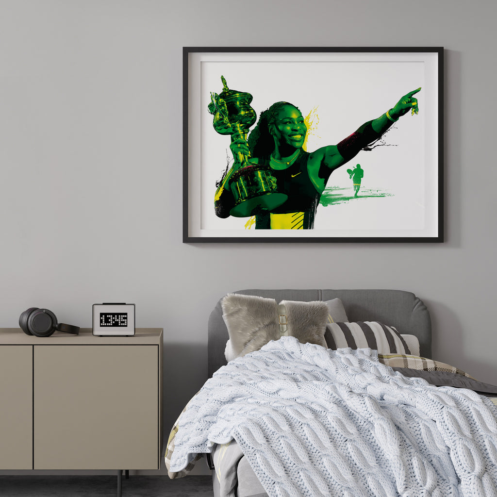 "Serena Williams art print in grey bedroom setting — women in sport illustration