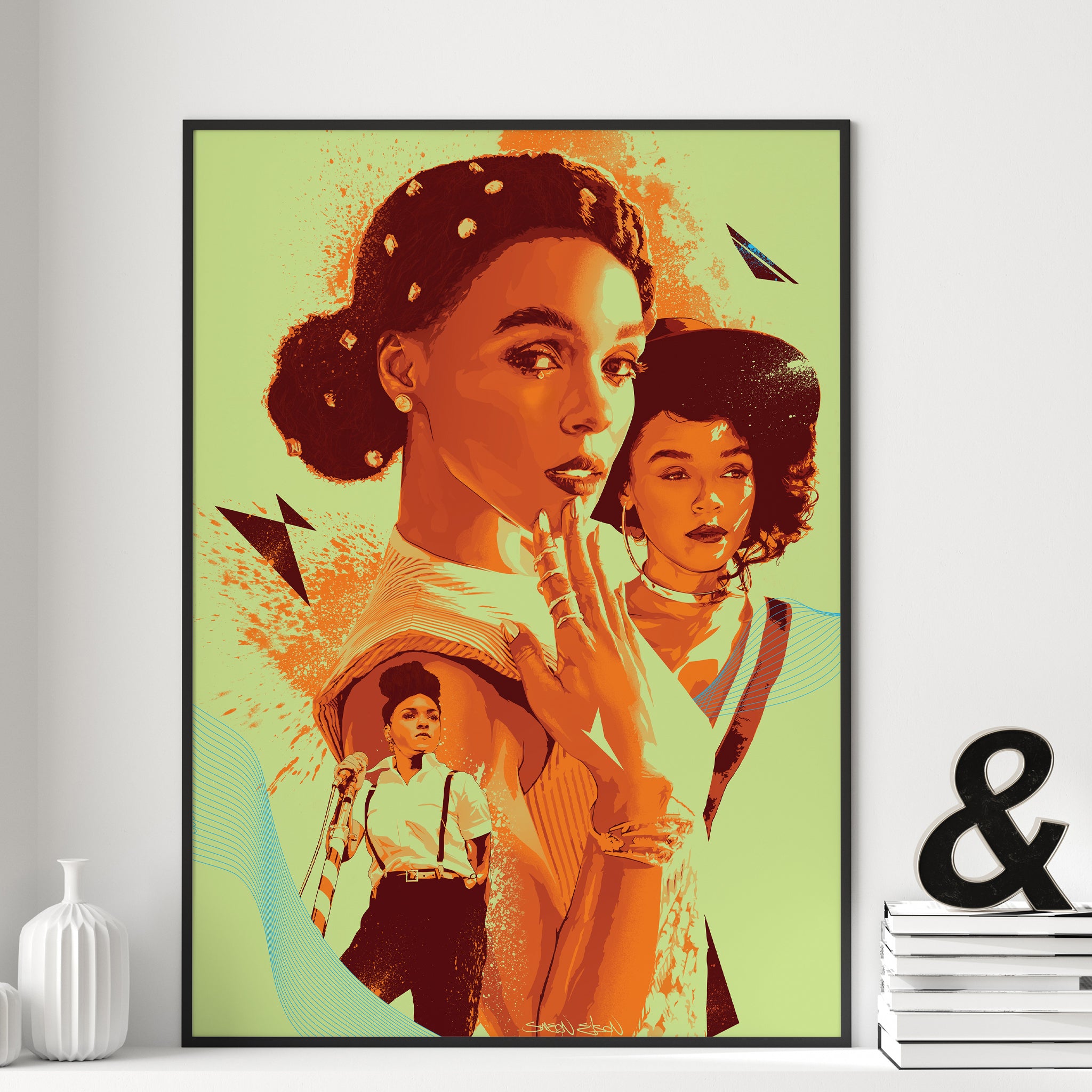 "Janelle Monáe vibrant illustrated art print — pop and R&B music wall art poster"