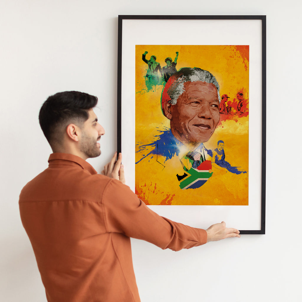 "Man holding Nelson Mandela art print — illustrated activist poster"
