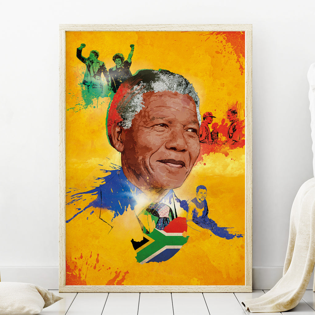 "Nelson Mandela illustrated poster with light border — gift for history lovers"