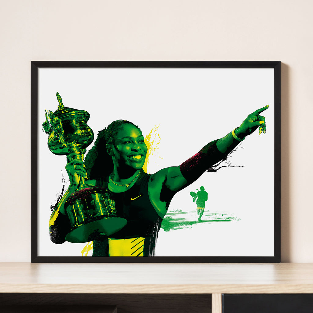 "Serena Williams illustrated art print with black border — female athlete wall art poster"