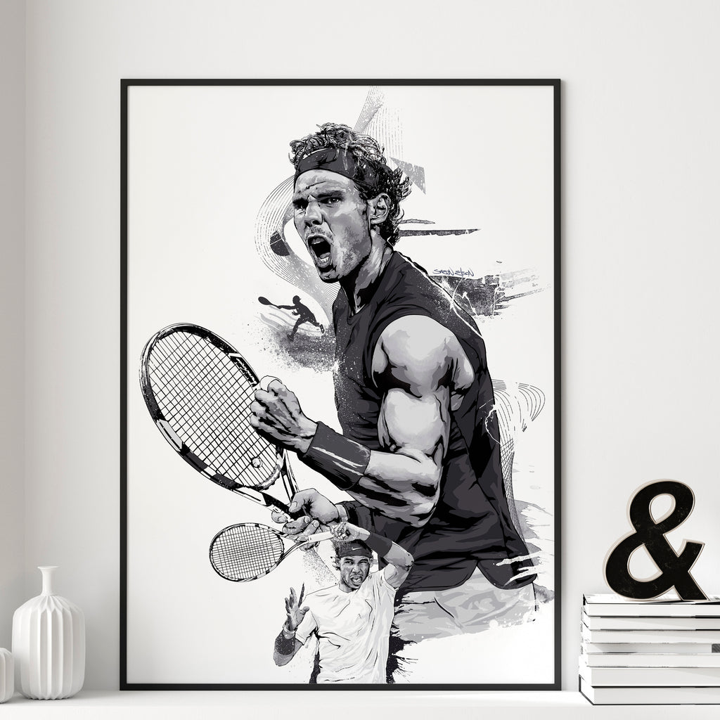 "Rafael Nadal fist pump illustrated art print — Roland Garros tennis wall art poster"