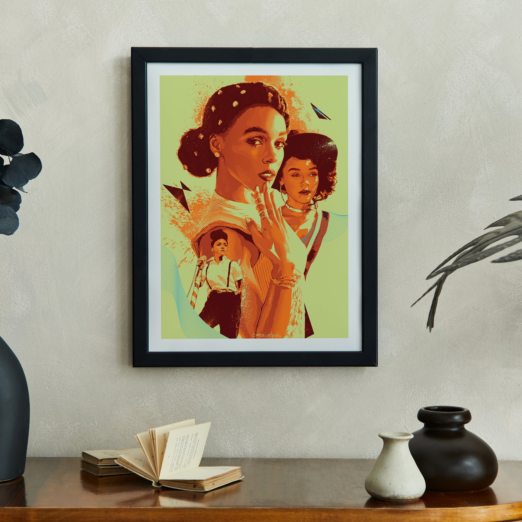 "Janelle Monáe illustrated poster on shelf with black border — celebrity fan art print"