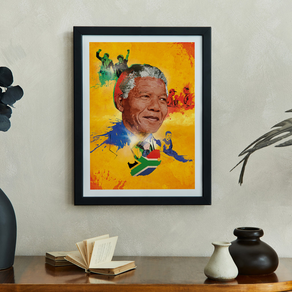 "Nelson Mandela tribute print on shelf with black border — black history wall art"