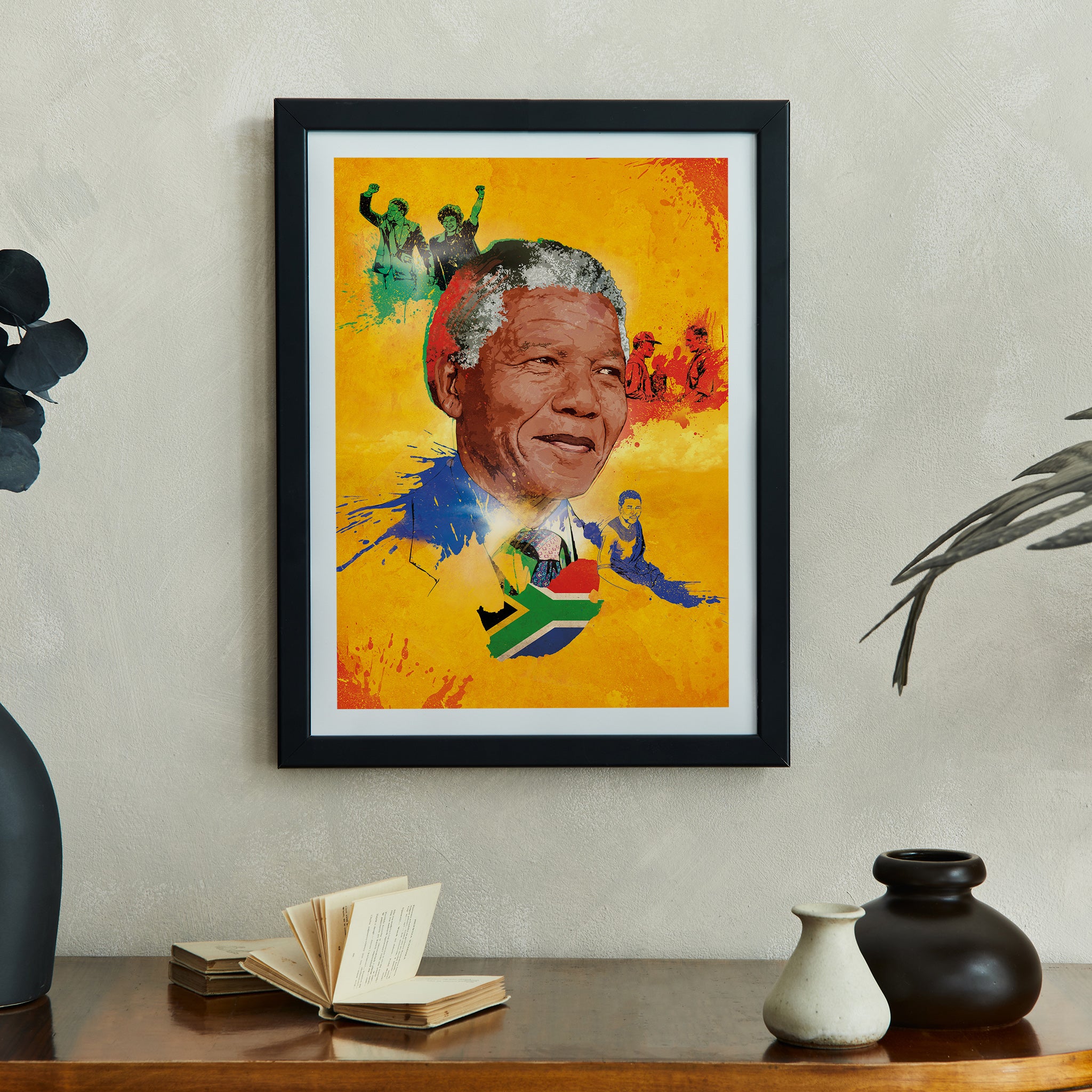 "Nelson Mandela tribute print on shelf with black border — black history wall art"