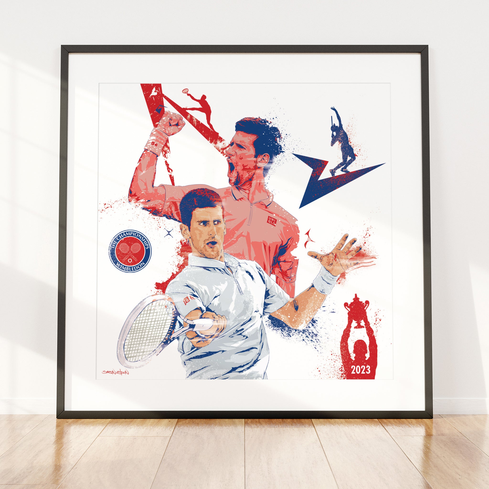 "Novak Djokovic illustrated art print in black square frame — Wimbledon champion wall art poster"