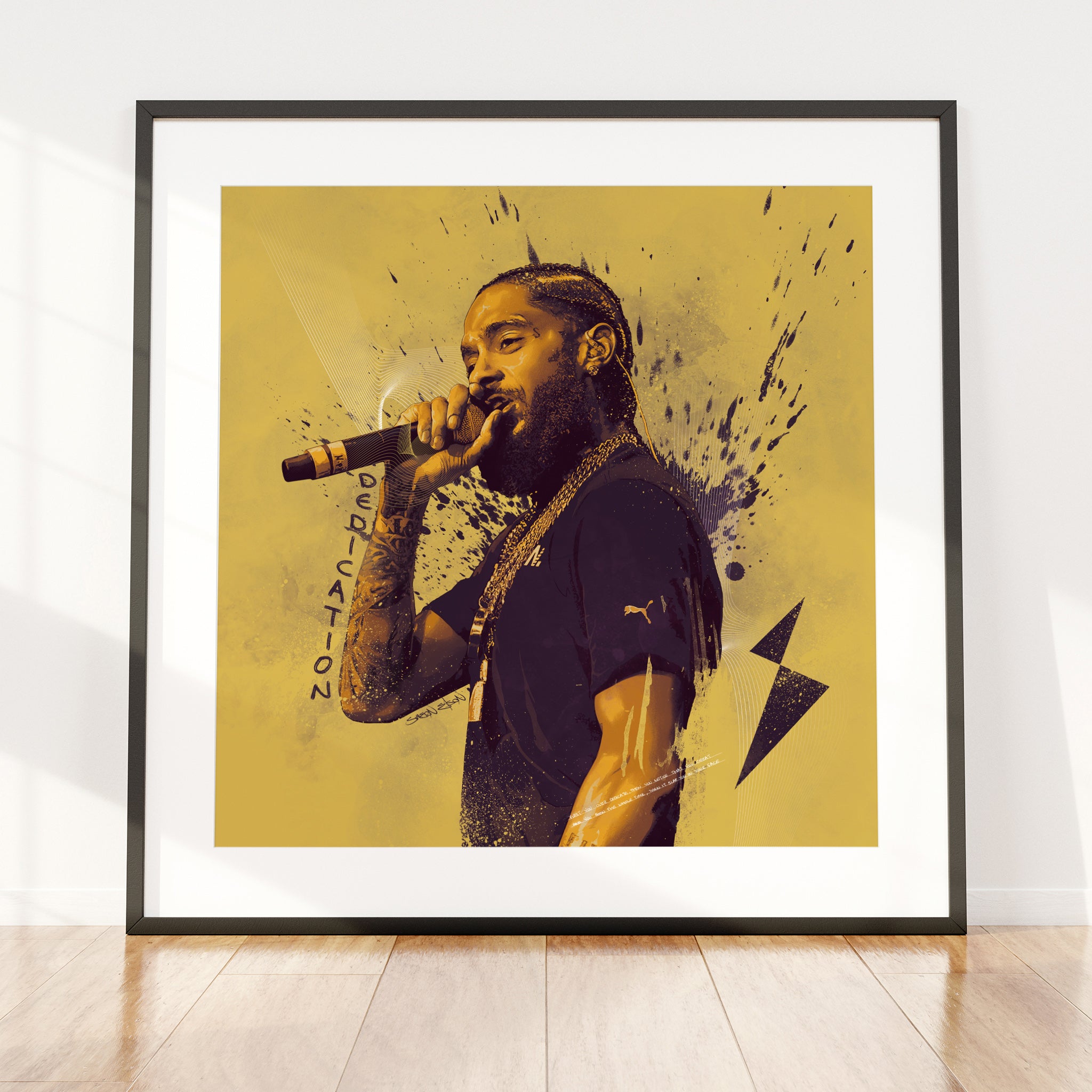 "Nipsey Hussle illustrated art print in black square frame — motivational hip hop wall art poster"