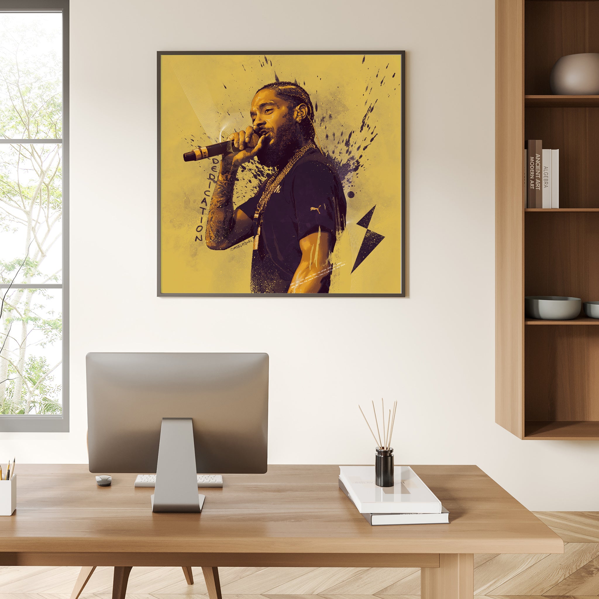 Nipsey Hussle fan art print displayed in office setting — motivational black art for workspace"
