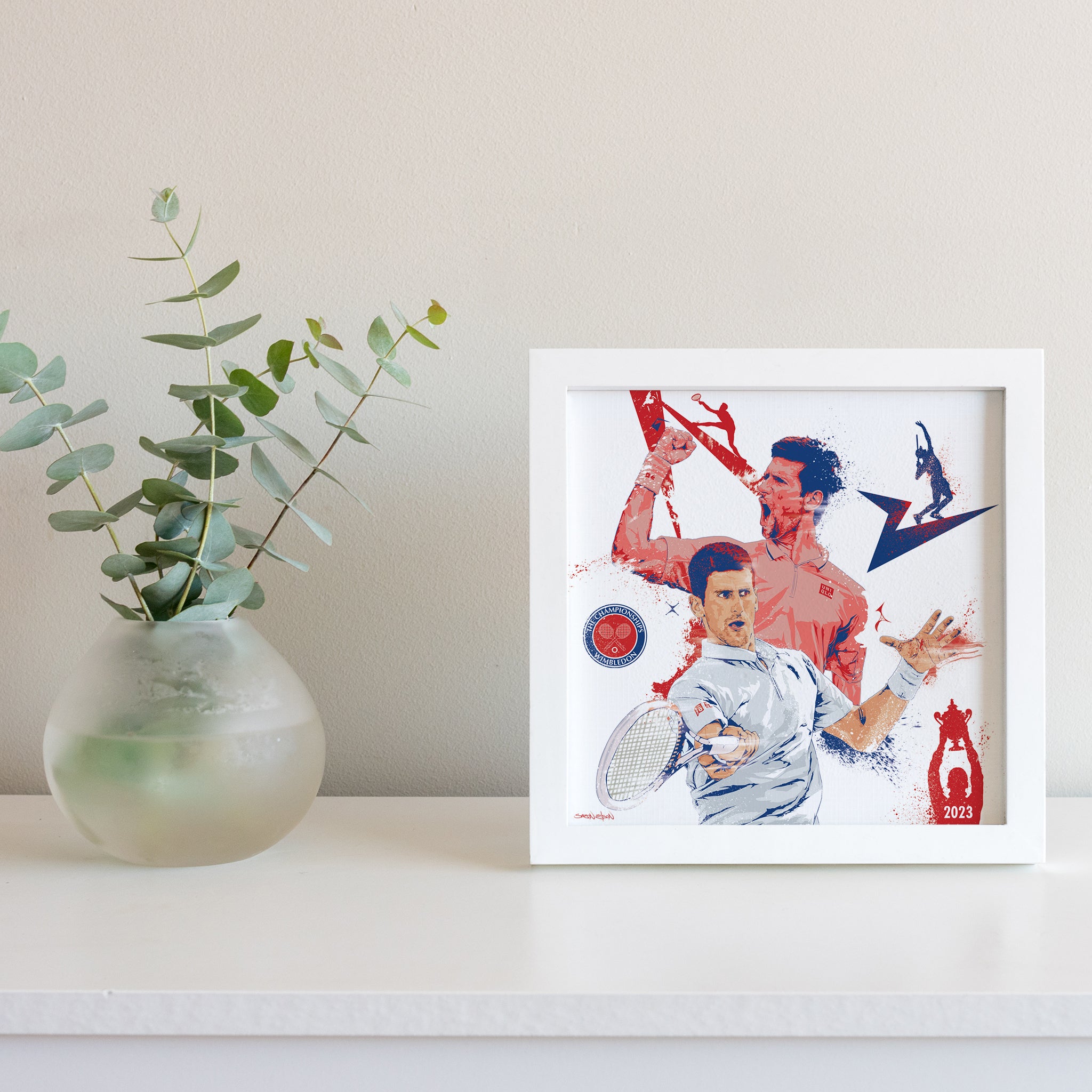 "Djokovic art print in white frame with plant — men's tennis illustration poster"