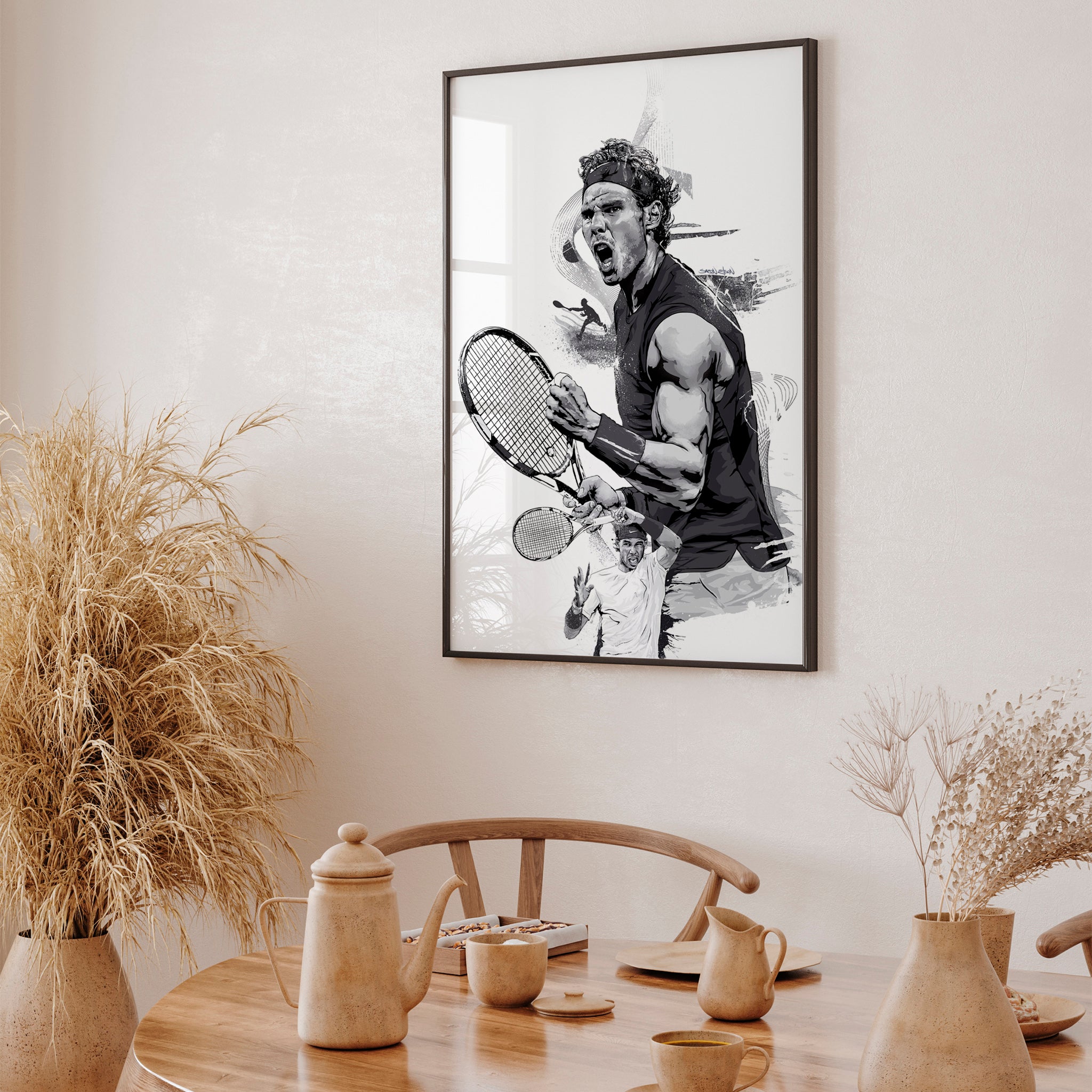 "Nadal art print in black frame in dining room — tennis wall art for home"