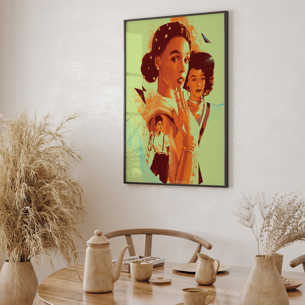 Janelle Monáe art print in black frame in dining room — music lover gift idea"