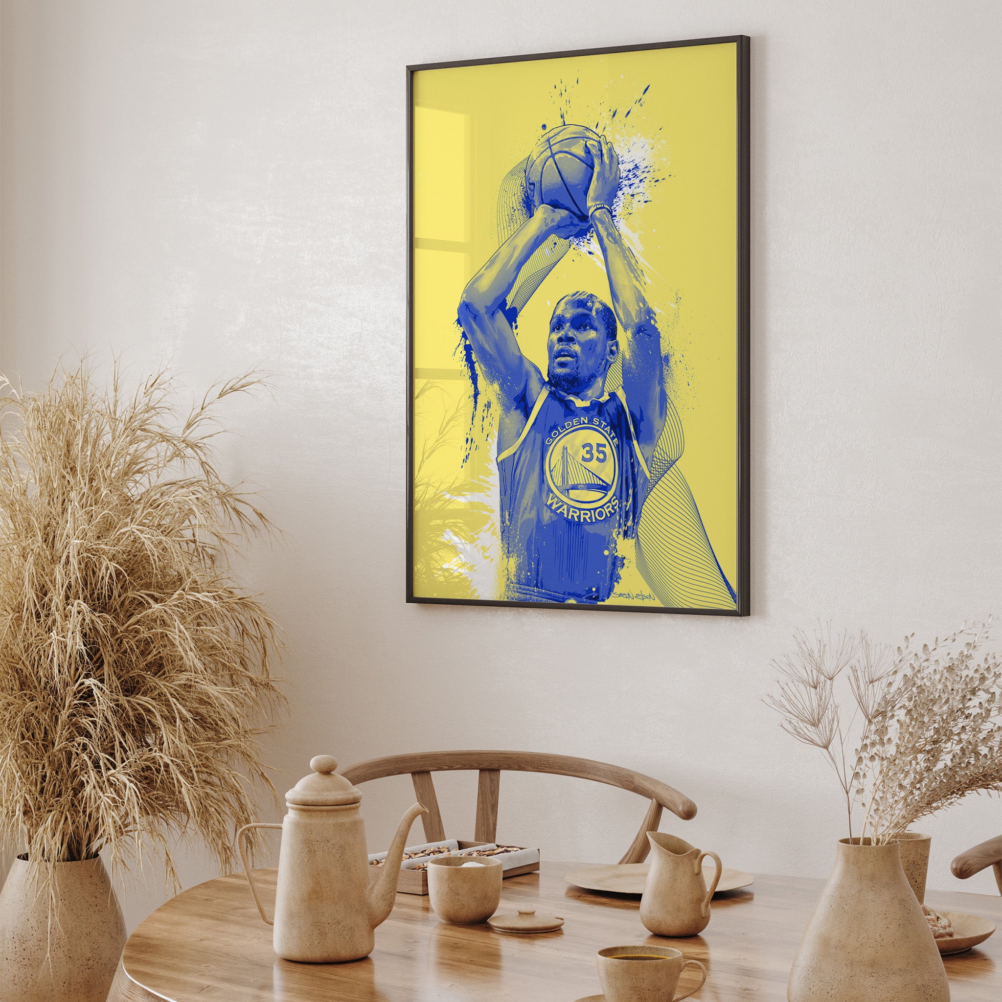 "Kevin Durant art print in black frame in dining room — basketball wall art for home"