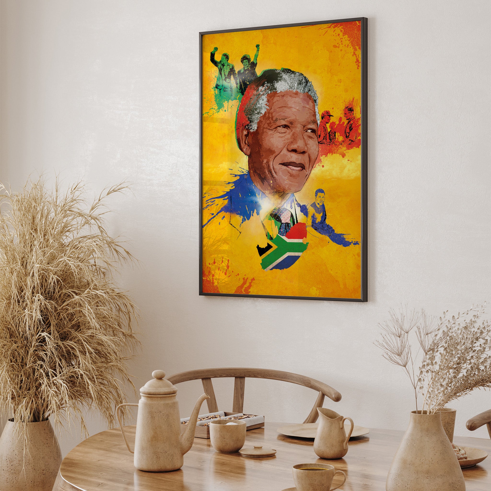 "Mandela art print in black frame in dining room — political icon print for home"