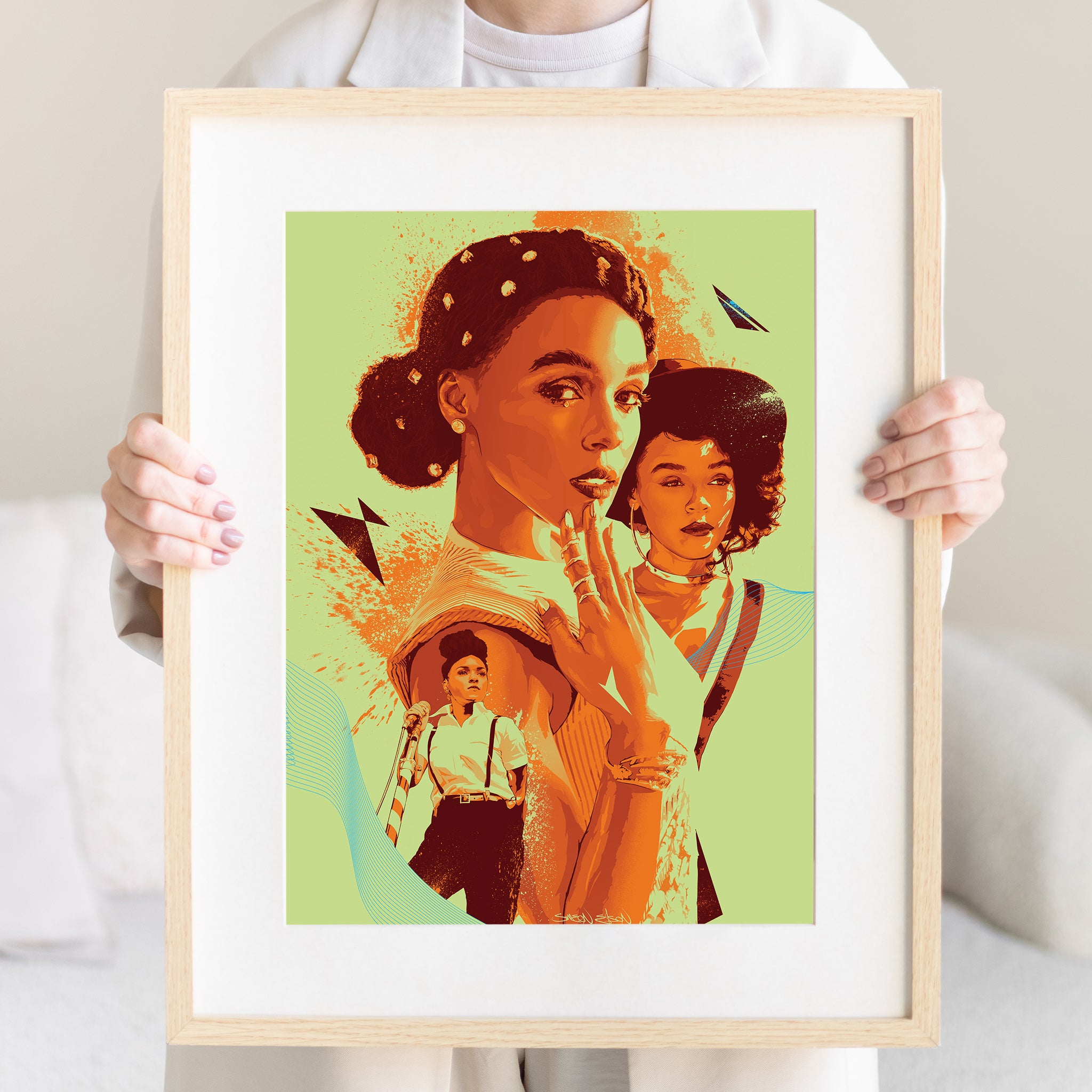 "Woman holding Janelle Monáe illustrated art print — unique music gift idea"