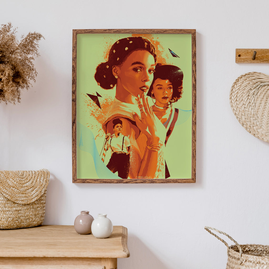 Janelle Monáe art print on dark wood kitchen table — illustrated music poster"