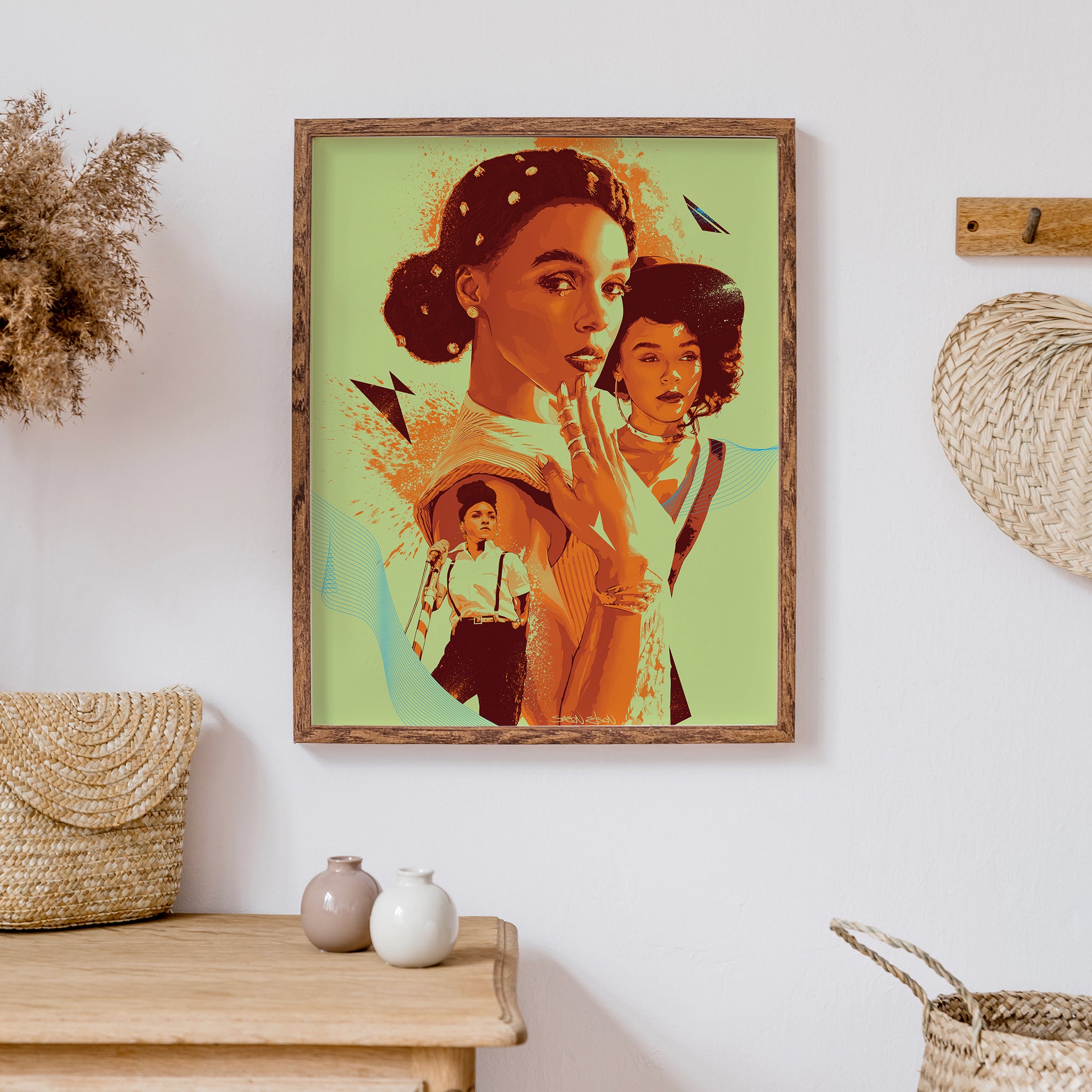 Janelle Monáe art print on dark wood kitchen table — illustrated music poster"